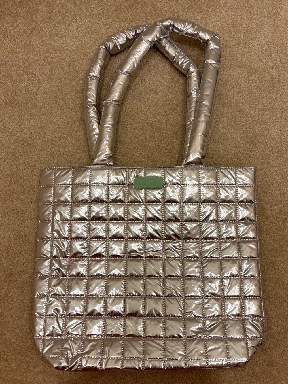 Clinique Silver Turquoise Polyester Puffy Shoulder Tote Bag 15" x 13" x 4" NEW